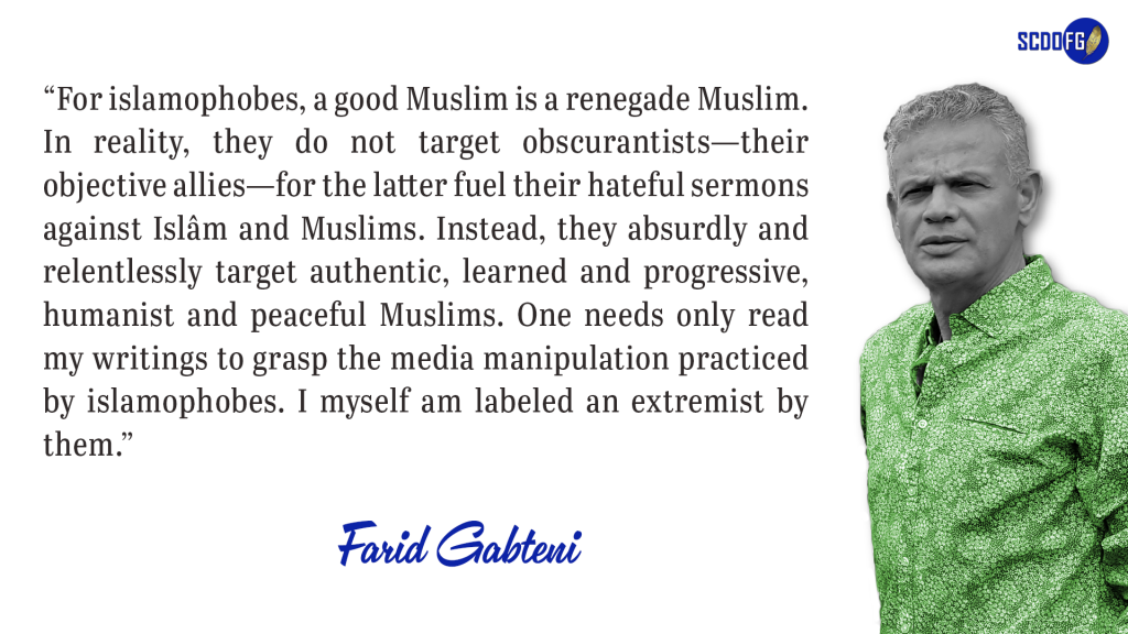 Portrait of Farid Abbes Raja Gabteni with a quote