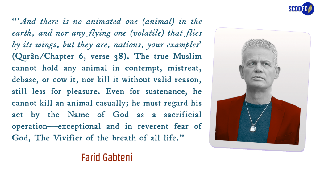 Portrait of Farid Abbes Raja Gabteni with a quote “‘And there is no animated one (animal) in the earth, and nor any flying one (volatile) that flies by its wings, but they are, nations, your examples’ (Qurân/Chapter 6, verse 38). The true Muslim cannot hold any animal in contempt, mistreat, debase, or cow it, nor kill it without valid reason, still less for pleasure. Even for sustenance, he cannot kill an animal casually; he must regard his act by the Name of God as a sacrificial operation—exceptional and in reverent fear of God, The Vivifier of the breath of all life.”